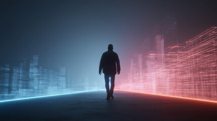 Blurred vision of a city with neon lights shining down on the silhouettes of its people