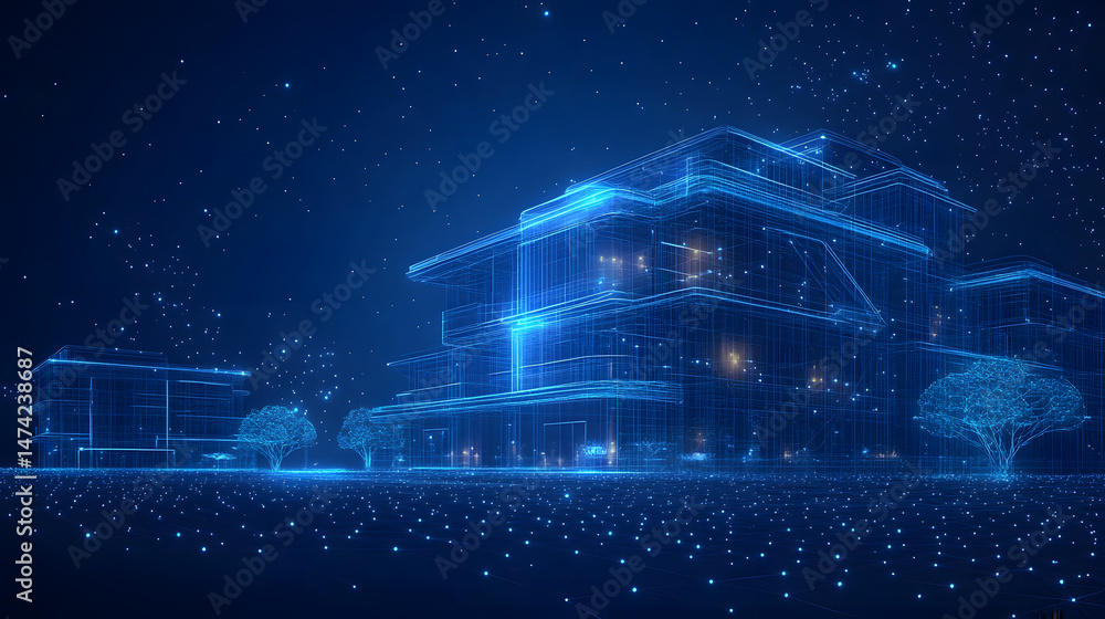 Poster futuristic cityscape rendered in a wireframe style. blue holographic buildings and trees stand on a 
