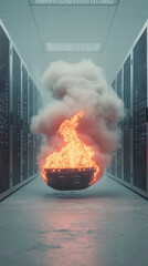 Server room fire with data loss, and smoke.