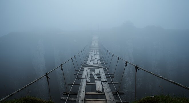 Fototapeta Suspension bridge in heavy fog over abyss
