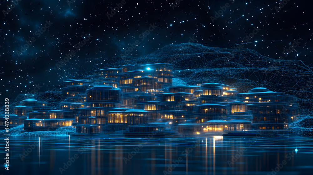 Poster Futuristic cityscape at night with glowing tiered buildings reflected in calm water. Stars and network lines enhance the digital theme. Abstract wireframe in dark blue.