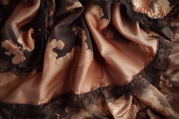 Peach and dark brown fabric, flowing folds, detailed floral pattern, delicate lace trim