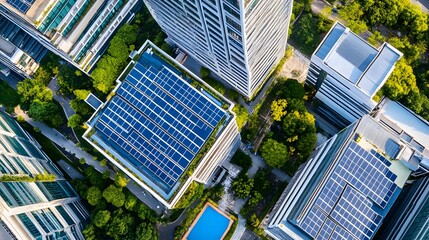 Elevated view of modern urban buildings with rooftop solar panels.