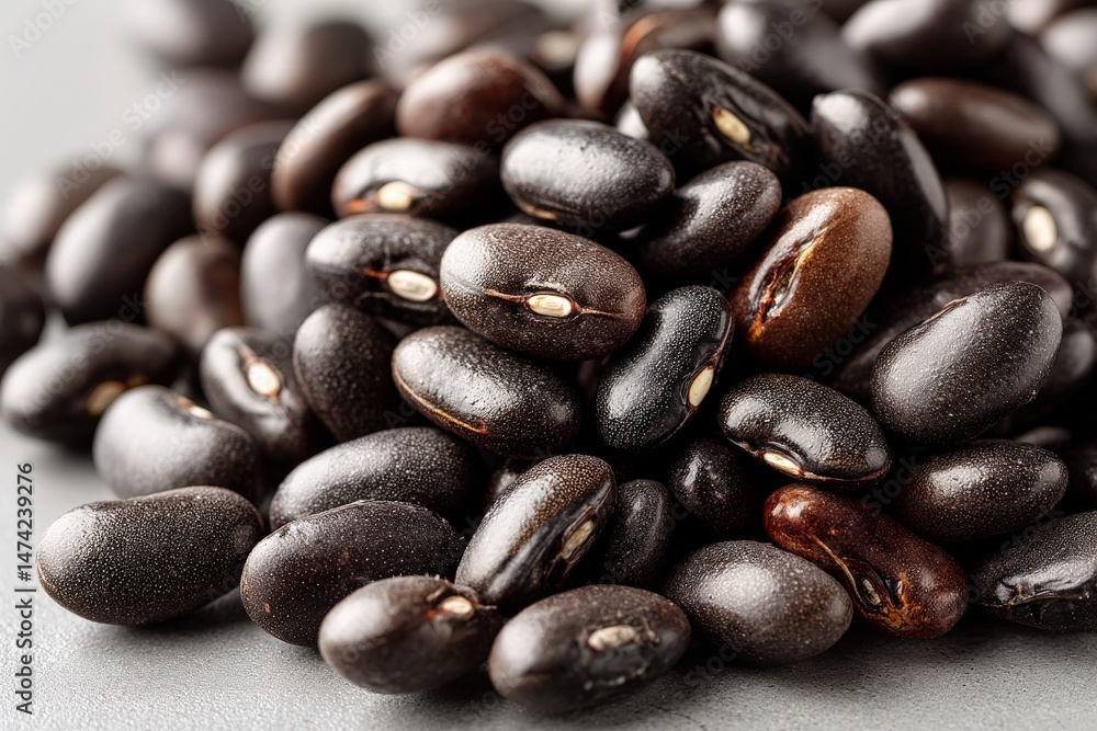 Poster black beans displayed in a close-up view showcasing their smooth texture and variety of shades