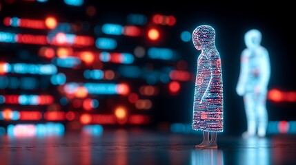 Concept of future identity, virtual reality, and intelligence, represented by a digital twin standing alongside a futuristic physical person with ample copy space at the top for text overlay