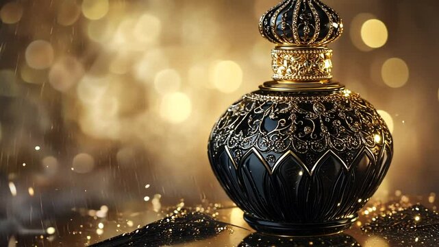 Elegant black and gold perfume bottle with ornate designs against a bokeh background