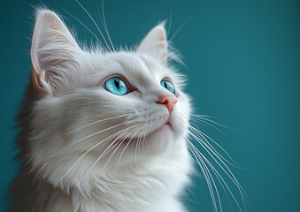 Beautiful white cat with blue eyes looking curiously