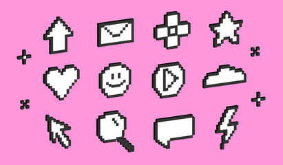 Set of pixel bit icon. Abstract collection of heart and cursor, emoticon elements in 8bit retro style. Isometric 8 bit objects. Voxel retro signs.