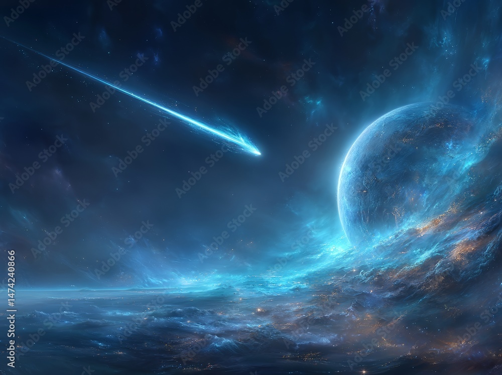 Poster an exoplanet exists in the depths of space, where comets are drawing near to the planet, set against