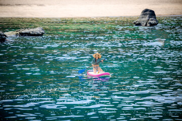 Woman tourist  paddleboard at the sea summer, vacation long weekend traveling in island