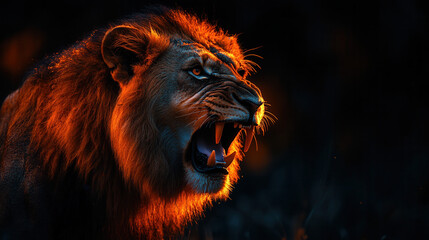 Naklejka premium majestic lion close-up showing its head and neck, with sharp focus on the textures and features 