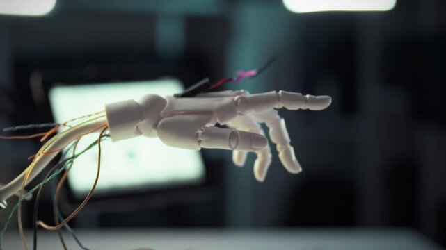A robotic hand extends forward, demonstrating intricate movements and flexibility during a technology exhibition. This event highlights advancements in robotics and automation, attracting enthusiasts