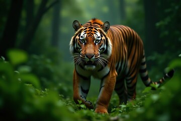 Obraz premium Powerful tiger, orange and black stripes, alert gaze, dense jungle backdrop , jungle, animal