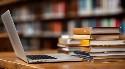 Fototapeta premium A desk in a library with books and a laptop symbolizes the integration of education, technology, and online learning