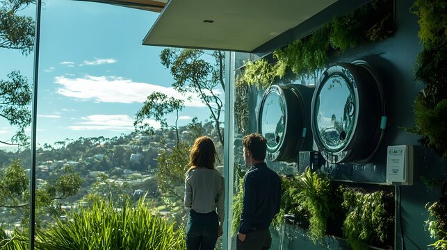 Panoramic city view from a modern interior space.