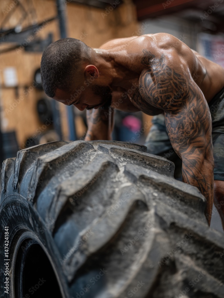 Poster strong individual performs tire flip exercise showcasing back muscles in a gym setting during daylig