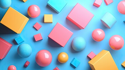 Abstract Floating Geometric Shapes in Pastel Colors on Blue Background