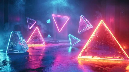 Abstract Geometric Shapes Floating in Illuminated Glass Environment