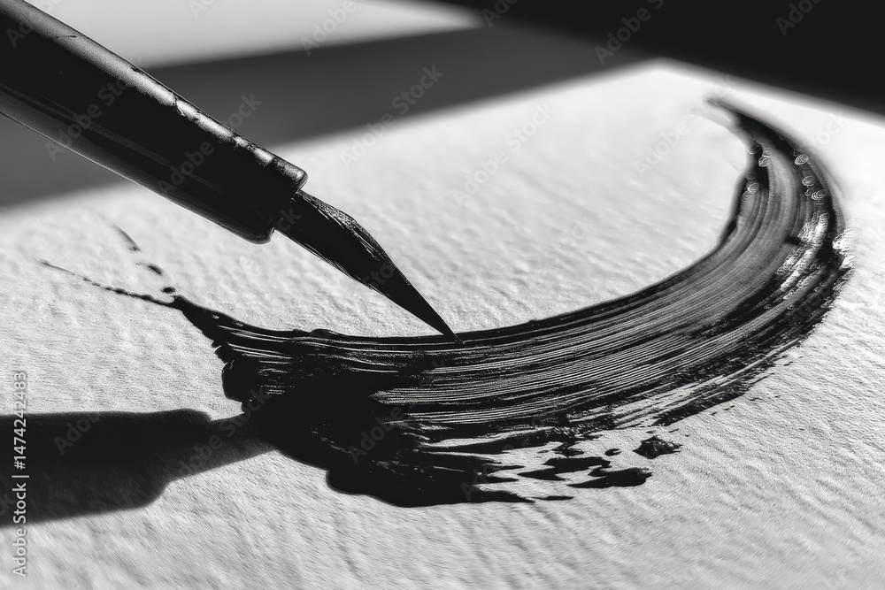 Aufkleber creating elegant brush strokes with black ink on textured paper during afternoon light