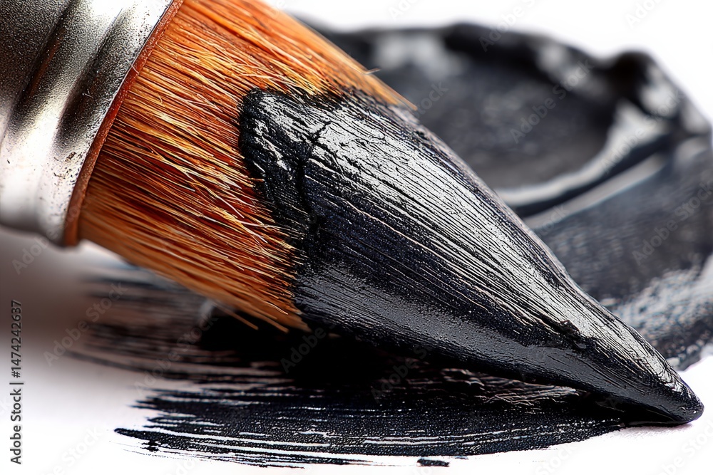 Poster Close-up of a paintbrush with black paint on a textured surface during an artistic creation process