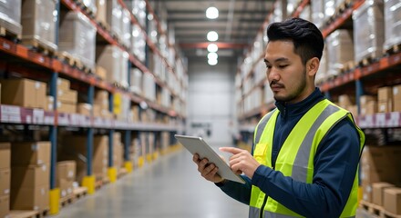 Asian Warehouse Worker Using Tablet for Inventory Management, Order Processing, Logistics, and Stock Control.