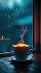 Warm candlelit beverage on a rainy evening near a window reflection glow