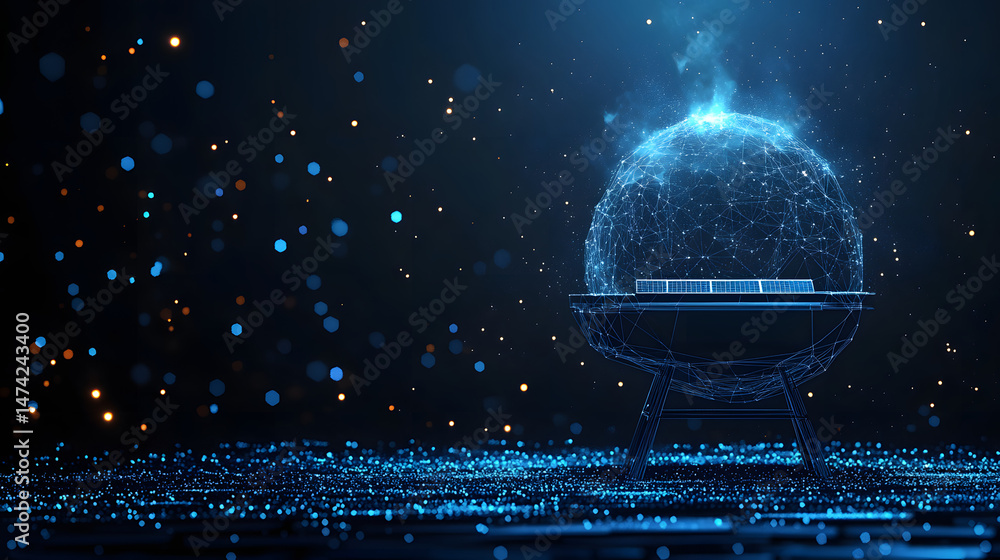 Poster futuristic scene featuring a glowing globe on a wireframe stand, powered by solar panels amidst blue