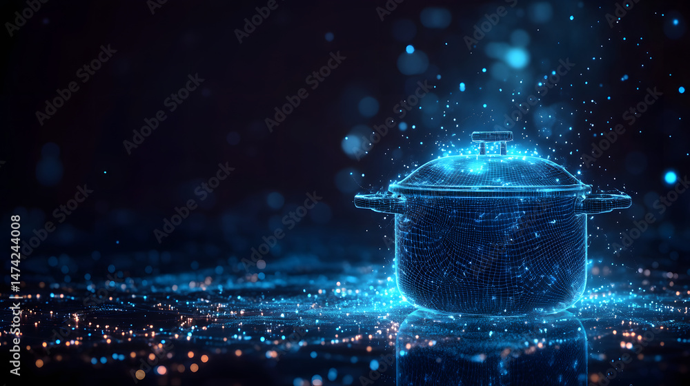 Aufkleber glowing blue wireframe cooking pot with lid, set against a dark bokeh background. reflective surface