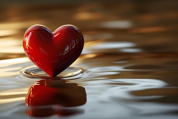 Fototapeta premium Shiny red heart floating on rippled water reflecting love and romance concepts