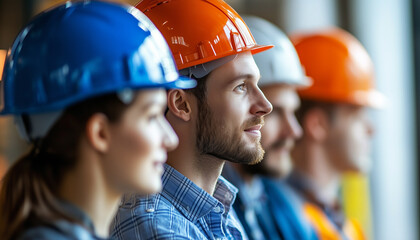 Happy engineer wearing helmet reviewing new construction project