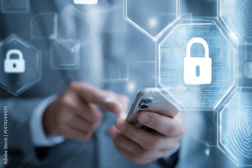 Poster the digital security concept is depicted on a virtual screen, incorporating a lock symbol and variou