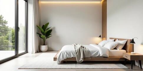 Sleek minimalist bedroom, neutral palette, clean lines, muted tones, white bedroom
