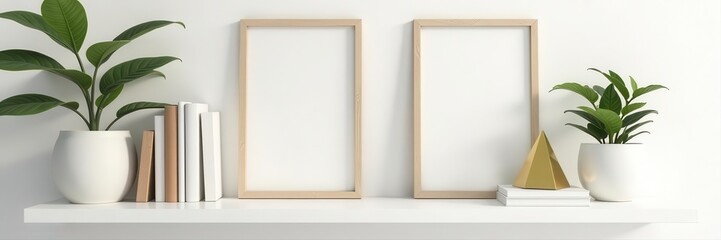 White shelf with brown wooden frames, books, plants, gold pyramid, minimalist decor , wooden shelf, home accessories