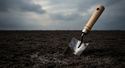Trowel in Soil Under Cloudy Sky