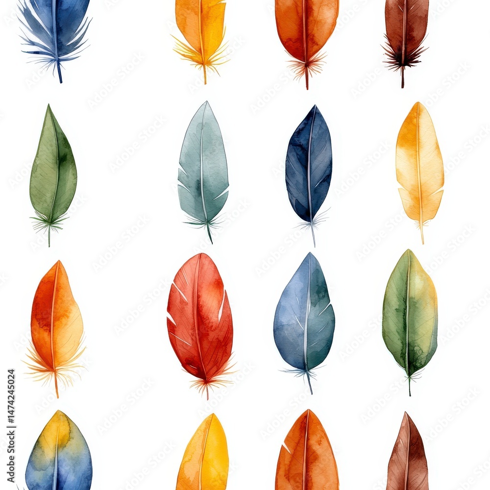 Poster feather collection: a colorful collection of individual feathers, each a unique work of art, is disp