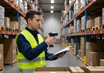 Warehouse Worker Scanning Inventory with Barcode Reader Amidst Boxes on Shelves