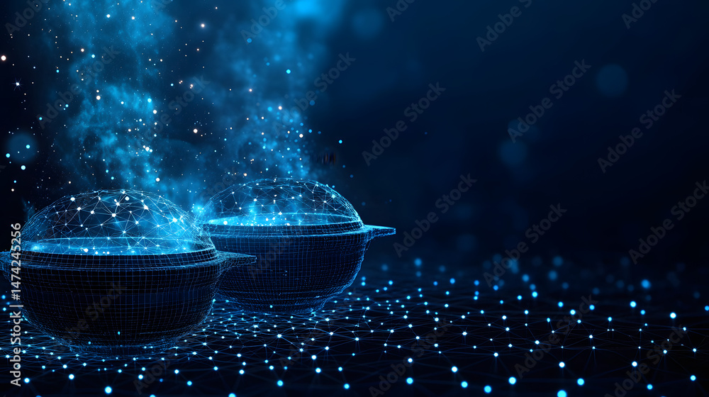 Poster digital bowls glow amidst blue networks, sparking a futuristic scene. perfect for tech concepts, dat