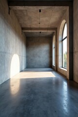 Obraz premium High-ceilinged concrete gallery with subtle lighting , backdrop, gray