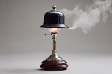 Unique vintage lamp design with smoke emanating from beneath the shade in a minimalist setting