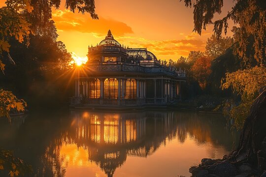 Stunning sunset view of the crystal palace building reflected in serene lake waters - Powered by Adobe