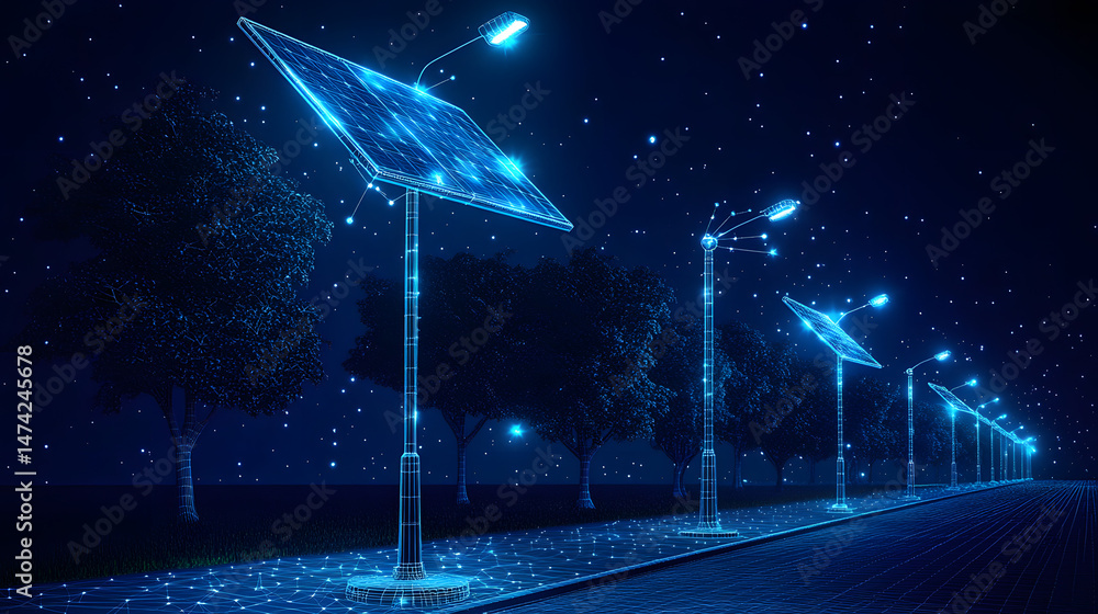 Fototapete futuristic night scene featuring solar streetlights illuminating a networked path under a starlit sk