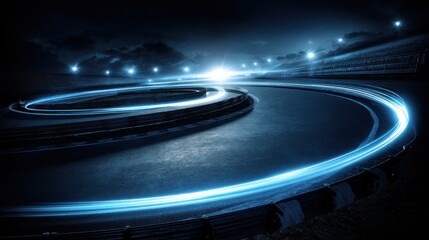 Dramatic night image of race track with empty stands, bright blue light trails indicating path of speeding vehicle.. Concept of sport, racing, competition.