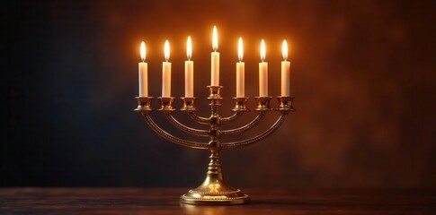 Golden menorah with nine candles, lit and unlit , nine, religious, gold