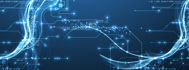 Abstract data wave with futuristic circuit lines. Technology concept. Vector © Alex