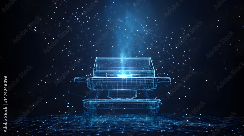 Aufkleber Futuristic grill rendered in blue wireframe against a complex network backdrop. Energy emanates from within, creating a digital, simulated scene. Abstract wireframe in dark blue
