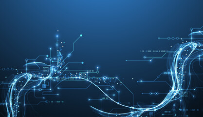 Abstract data wave with futuristic circuit lines. Technology concept. Vector