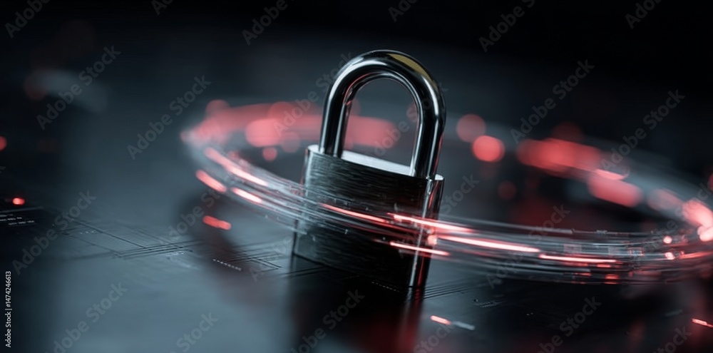 Poster in a virtual environment, a digital lock serves as a symbol for the protection of data and cybersecu