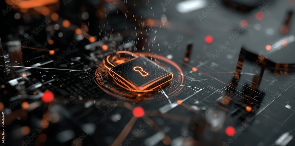 Poster a digital lock represents the concept of cybersecurity and data protection within a virtual setting