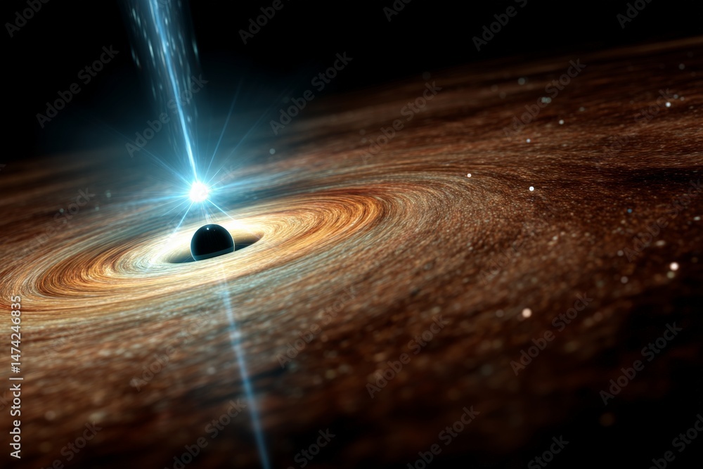 Poster marvel of the universe captures a black hole with an accretion disk emitting powerful jets at the he