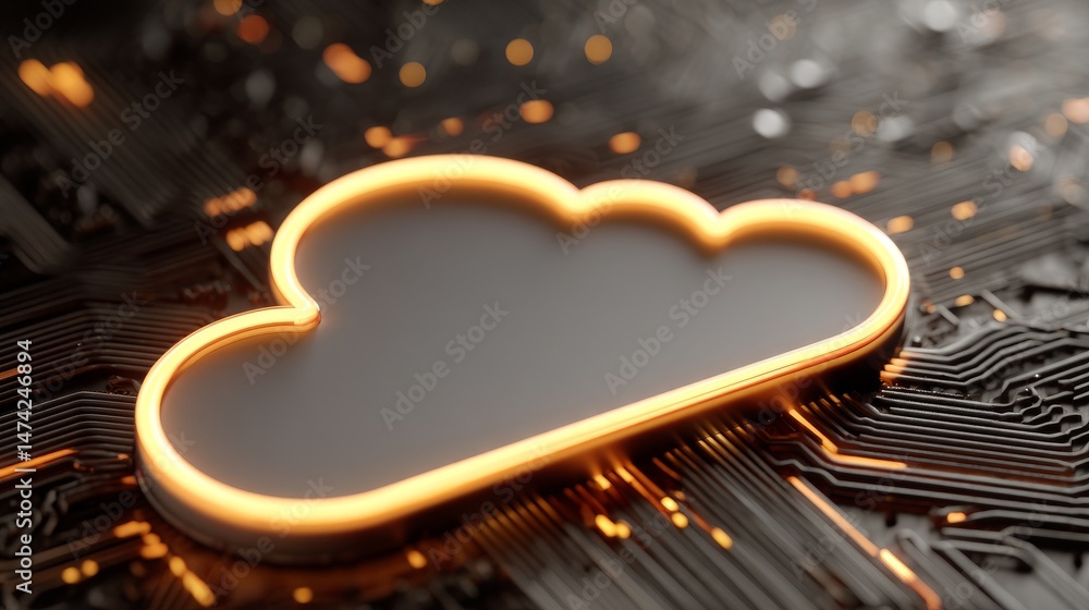 Poster a 3d render illustrates the data storage technology concept, where a microchip with a cloud symbol f